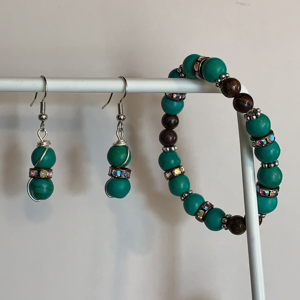 21320 Bronzite and teal bead bracelet/earrings set